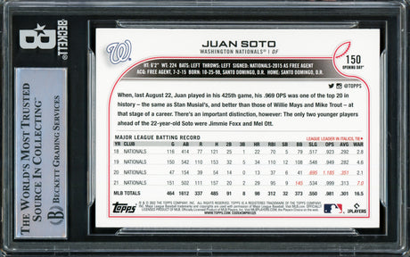 Juan Soto Autographed 2022 Topps Opening Day Card #150 Washington Nationals Beckett BAS #16545841