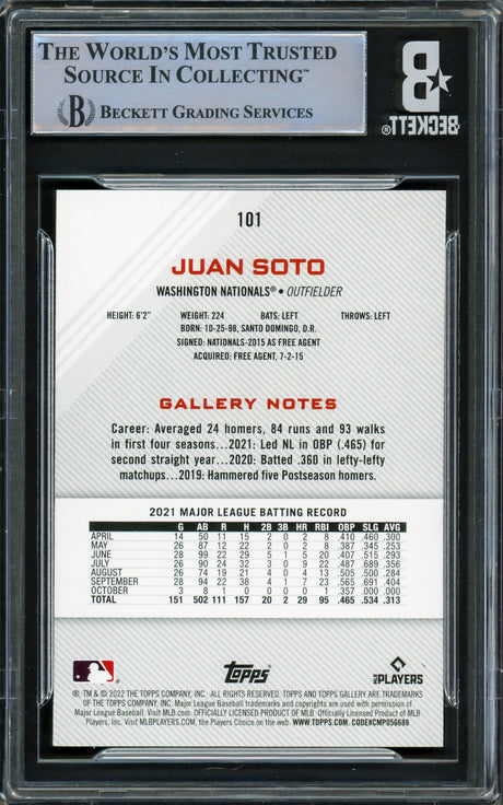 Juan Soto Autographed 2022 Topps Gallery Card #101 Washington Nationals Beckett BAS #16545844