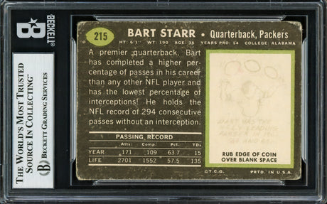 Bart Starr Autographed 1969 Topps Card #215 Green Bay Packers Beckett BAS #16545849