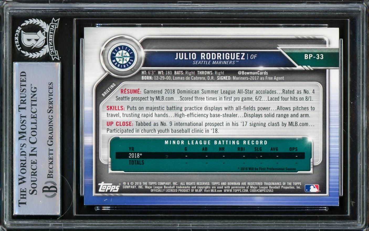 Julio Rodriguez Autographed 2019 Bowman Card #BP33 Seattle Mariners Beckett BAS #14612598