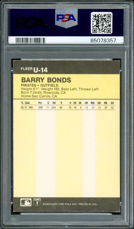 Barry Bonds Autographed 1986 Fleer Update Rookie Card #U-14 Pittsburgh Pirates Rookie Era Signature PSA/DNA #85078357