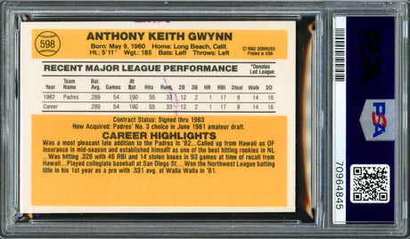 Tony Gwynn Autographed 1983 Donruss Rookie Card #598 San Diego Padres PSA 5 Auto Grade Gem Mint 10 PSA/DNA #70964845