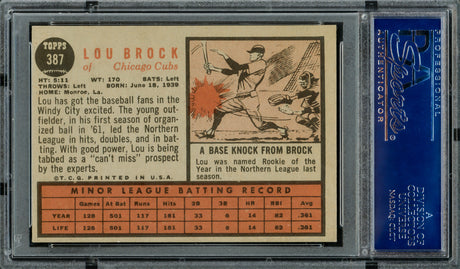 Lou Brock Autographed 1962 Topps Rookie Card #387 Chicago Cubs PSA/DNA #16637764