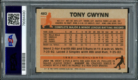 Tony Gwynn Autographed 1983 Topps Rookie Card #482 San Diego Padres PSA/DNA #79084490