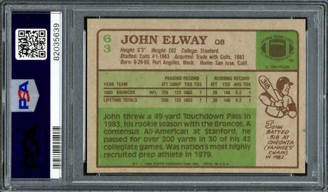 John Elway Autographed 1984 Topps Rookie Card #63 Denver Broncos PSA 7 Auto Grade Gem Mint 10 PSA/DNA #82035639