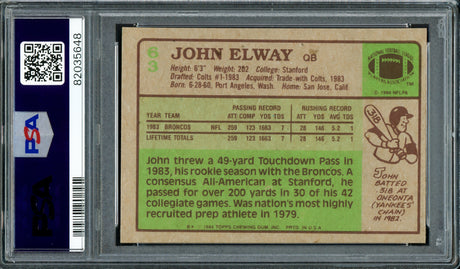 John Elway Autographed 1984 Topps Rookie Card #63 Denver Broncos PSA 7 Auto Grade Gem Mint 10 PSA/DNA #82035648