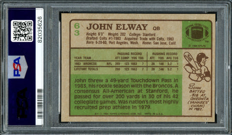 John Elway Autographed 1984 Topps Rookie Card #63 Denver Broncos PSA 7 Auto Grade Gem Mint 10 PSA/DNA #82035626