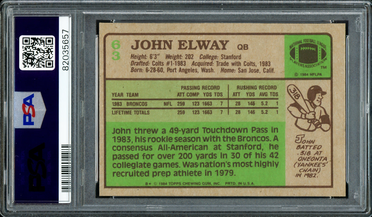 John Elway Autographed 1984 Topps Rookie Card #63 Denver Broncos PSA 7 Auto Grade Gem Mint 10 PSA/DNA #82035657