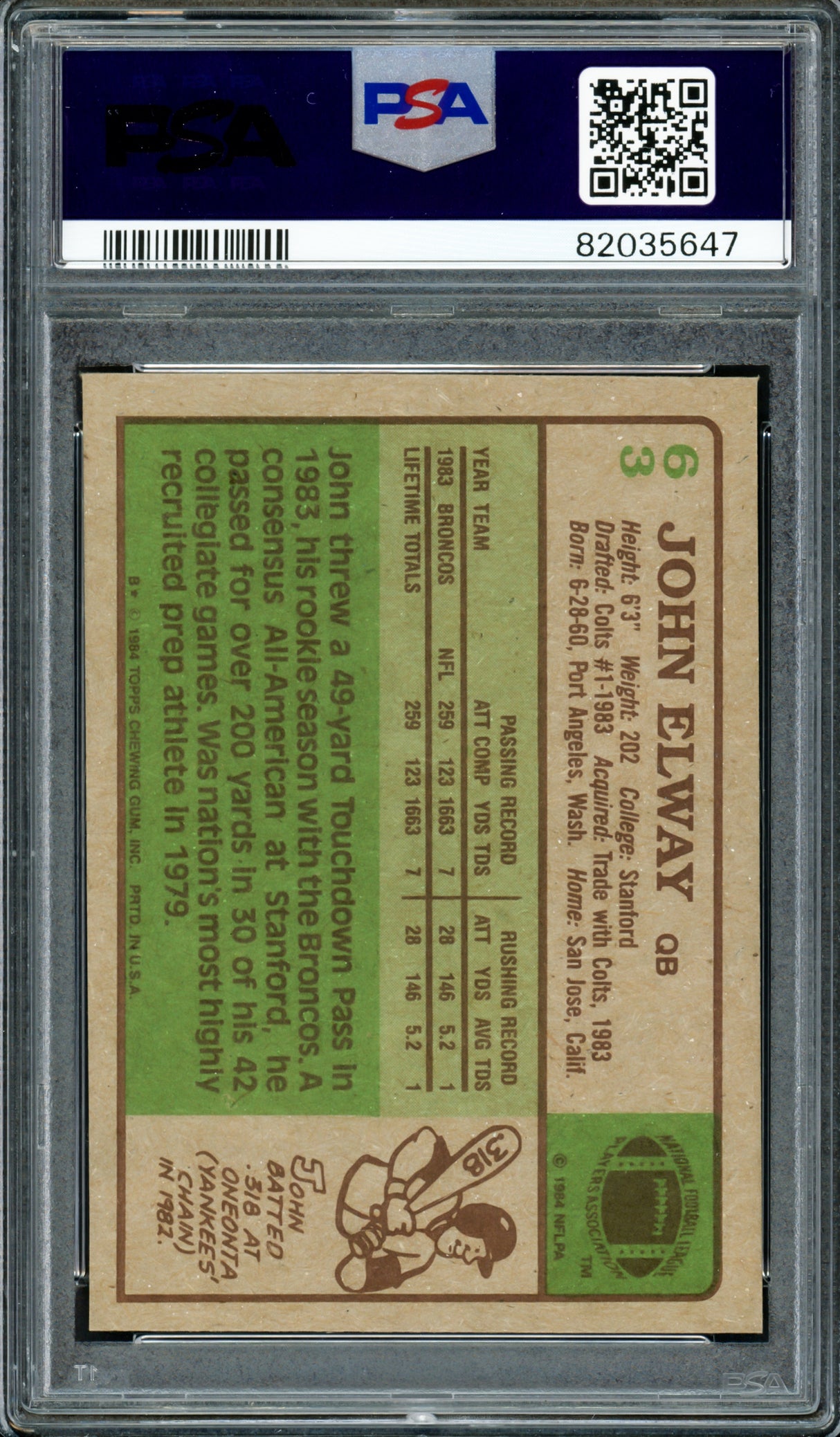 John Elway Autographed 1984 Topps Rookie Card #63 Denver Broncos PSA 7 Auto Grade Gem Mint 10 PSA/DNA #82035647