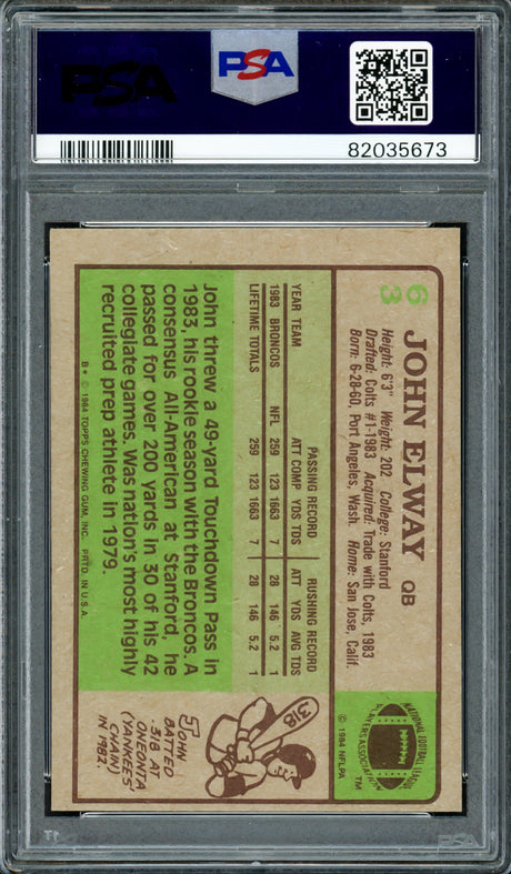 John Elway Autographed 1984 Topps Rookie Card #63 Denver Broncos PSA 6 Auto Grade Gem Mint 10 PSA/DNA #82035673