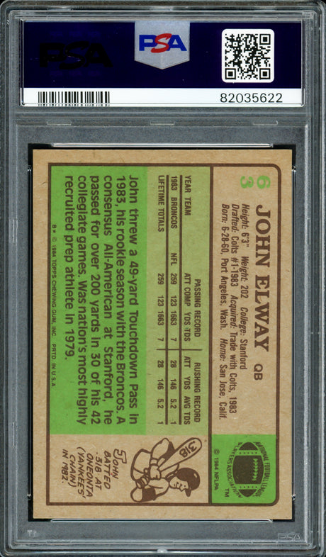 John Elway Autographed 1984 Topps Rookie Card #63 Denver Broncos PSA 6 Auto Grade Gem Mint 10 PSA/DNA #82035622
