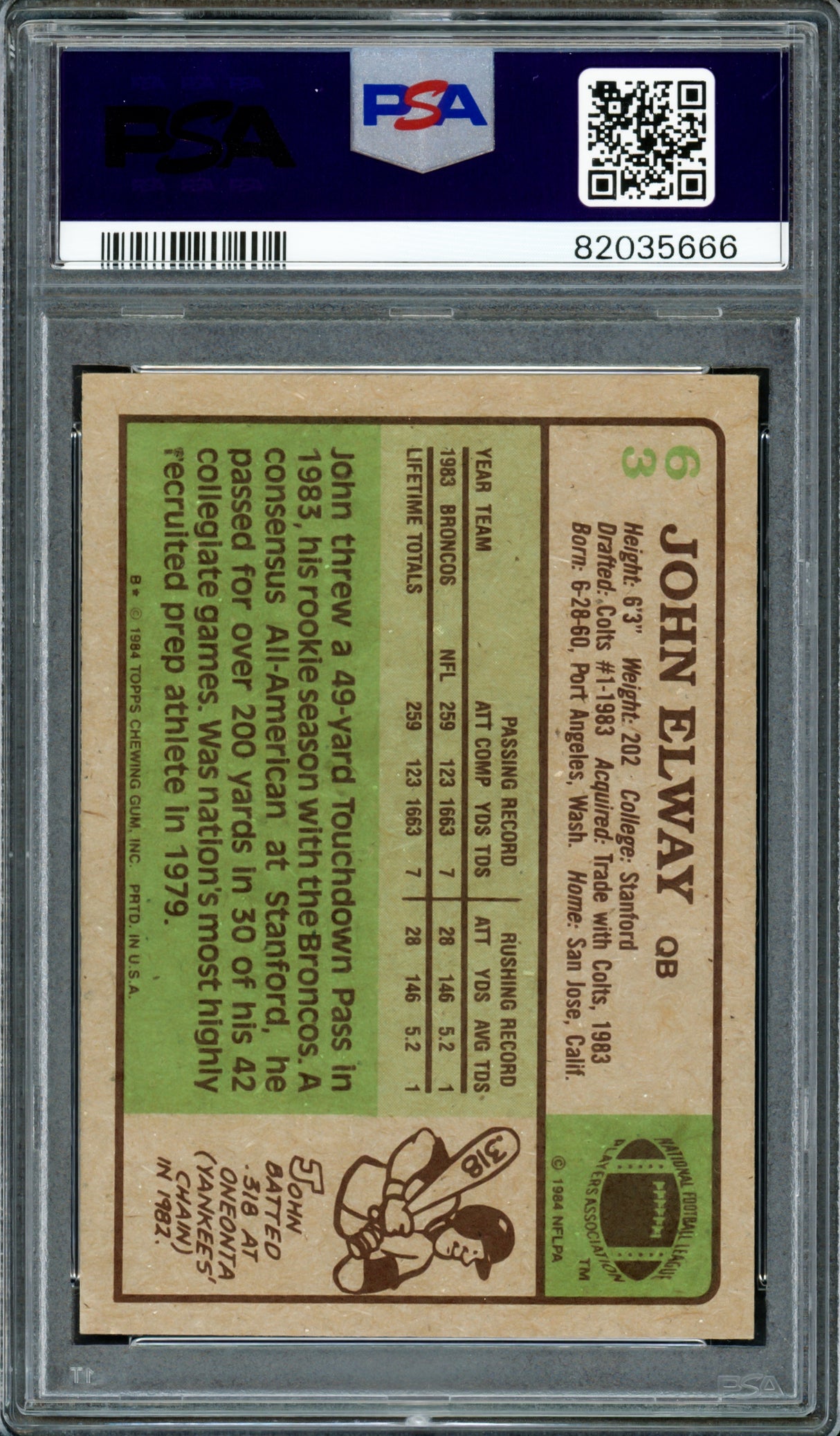 John Elway Autographed 1984 Topps Rookie Card #63 Denver Broncos PSA 6 Auto Grade Gem Mint 10 PSA/DNA #82035666
