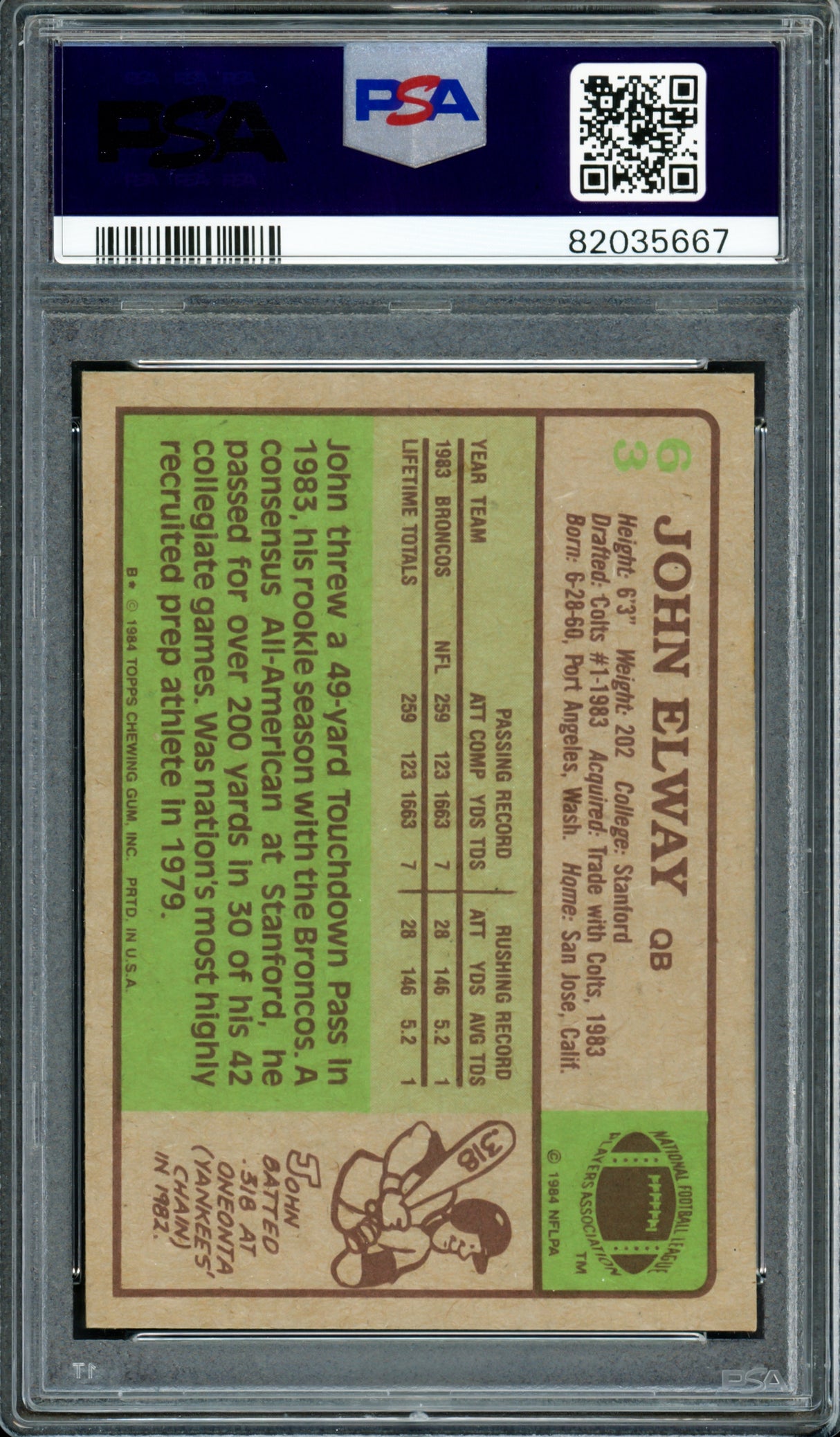 John Elway Autographed 1984 Topps Rookie Card #63 Denver Broncos PSA 6 Auto Grade Gem Mint 10 PSA/DNA #82035667