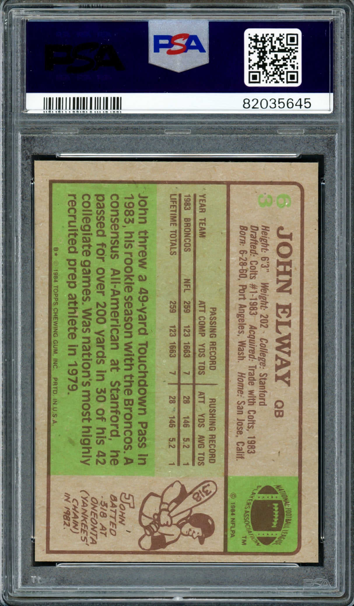 John Elway Autographed 1984 Topps Rookie Card #63 Denver Broncos PSA 6 Auto Grade Gem Mint 10 PSA/DNA #82035645