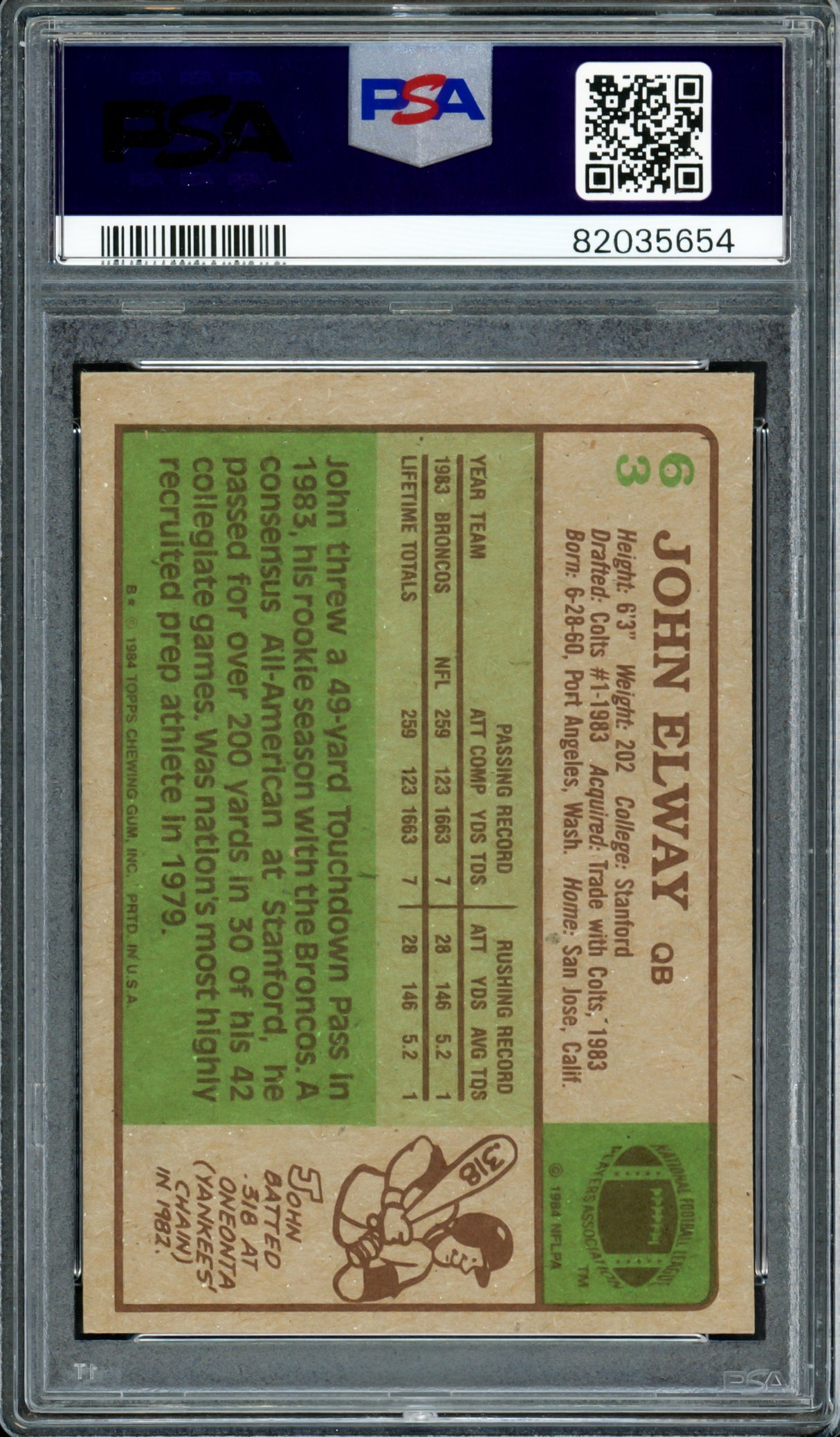 John Elway Autographed 1984 Topps Rookie Card #63 Denver Broncos PSA 6 Auto Grade Gem Mint 10 PSA/DNA #82035654