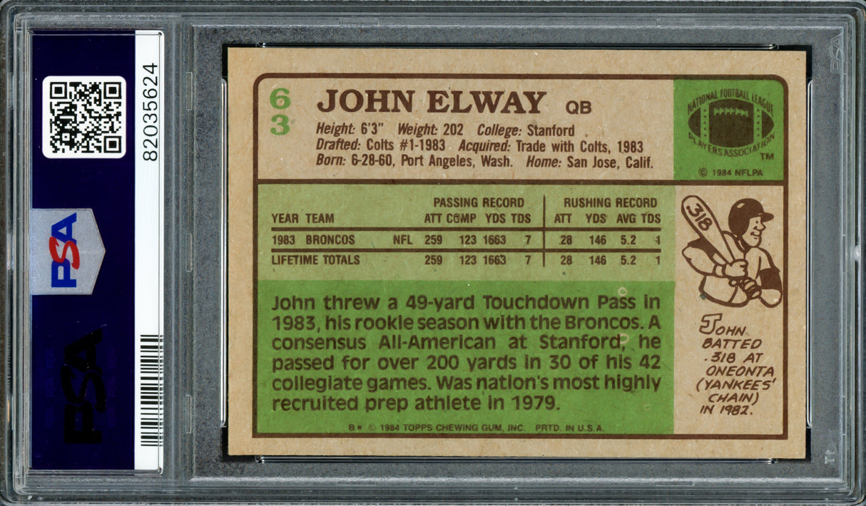John Elway Autographed 1984 Topps Rookie Card #63 Denver Broncos PSA 6 Auto Grade Gem Mint 10 PSA/DNA #82035624
