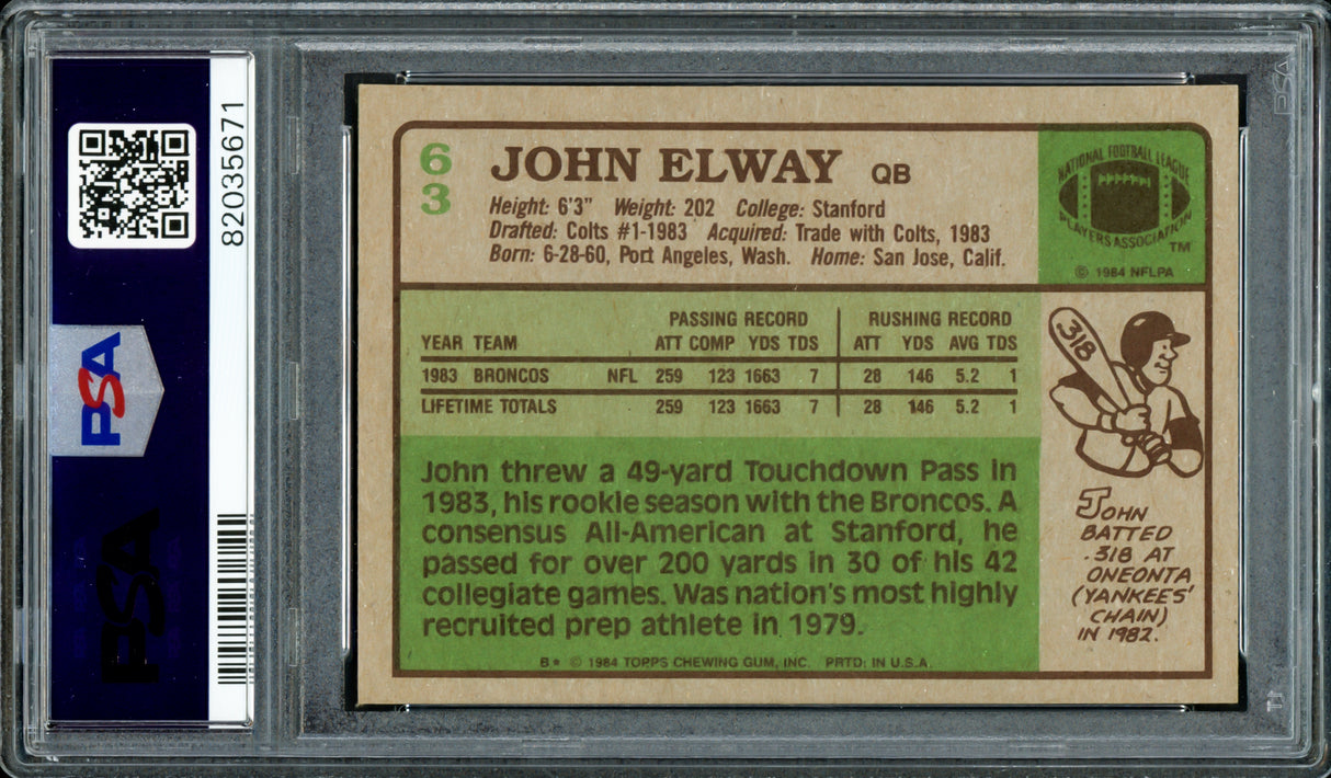 John Elway Autographed 1984 Topps Rookie Card #63 Denver Broncos PSA 5 Auto Grade Gem Mint 10 PSA/DNA #82035671