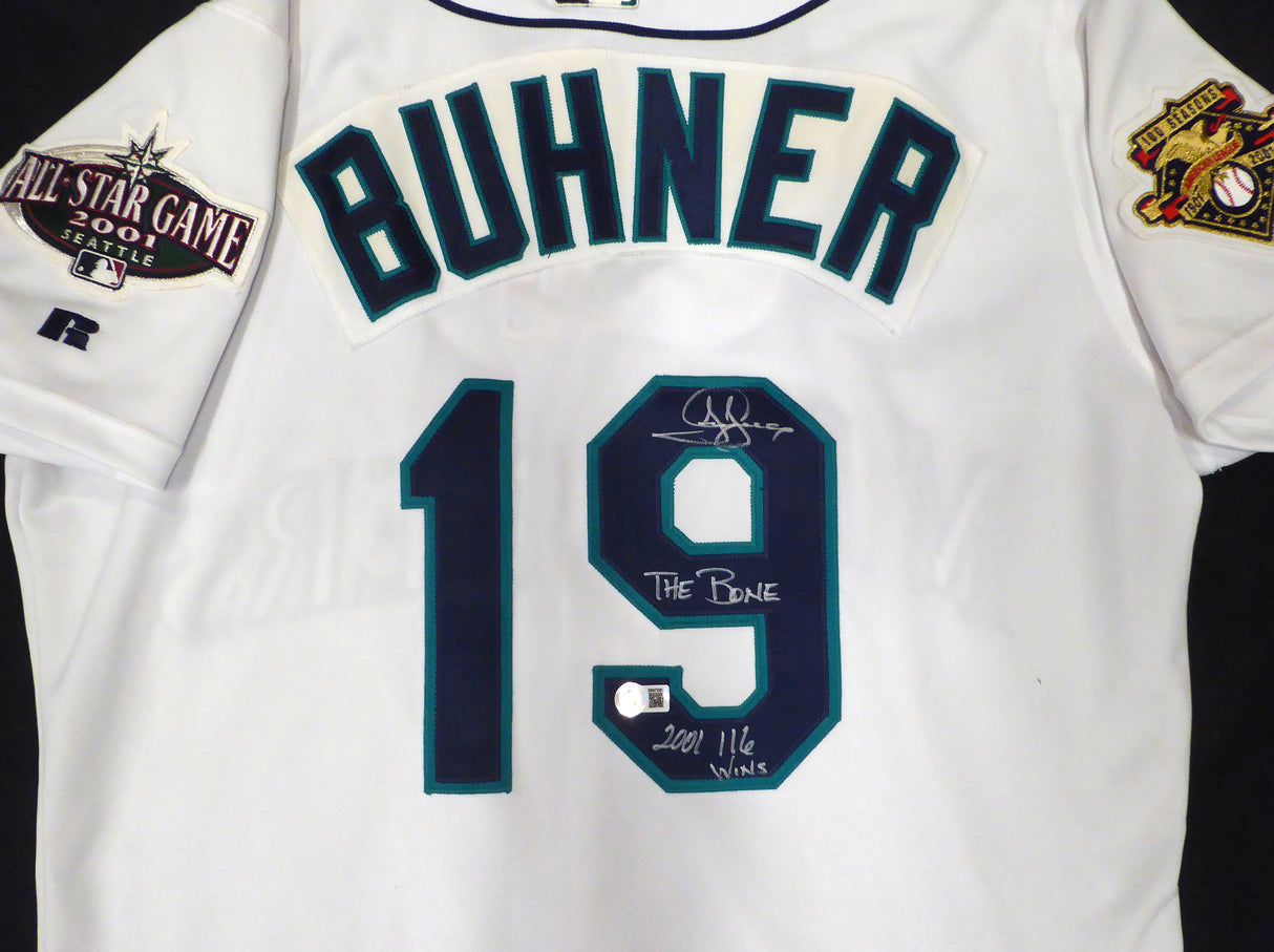 Seattle Mariners Jay Buhner Autographed White Authentic Russell Size 44 Jersey "The Bone & 2001 116 Wins" Beckett BAS QR #2W672390