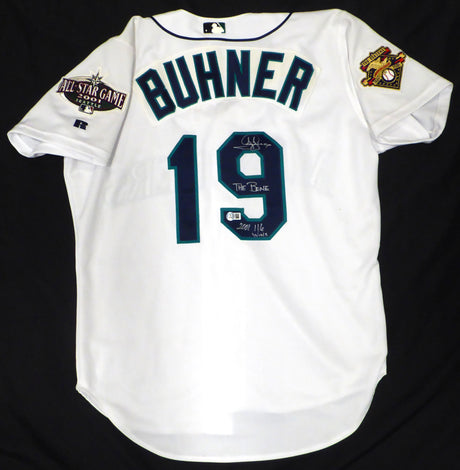 Seattle Mariners Jay Buhner Autographed White Authentic Russell Size 44 Jersey "The Bone & 2001 116 Wins" Beckett BAS QR #2W672390
