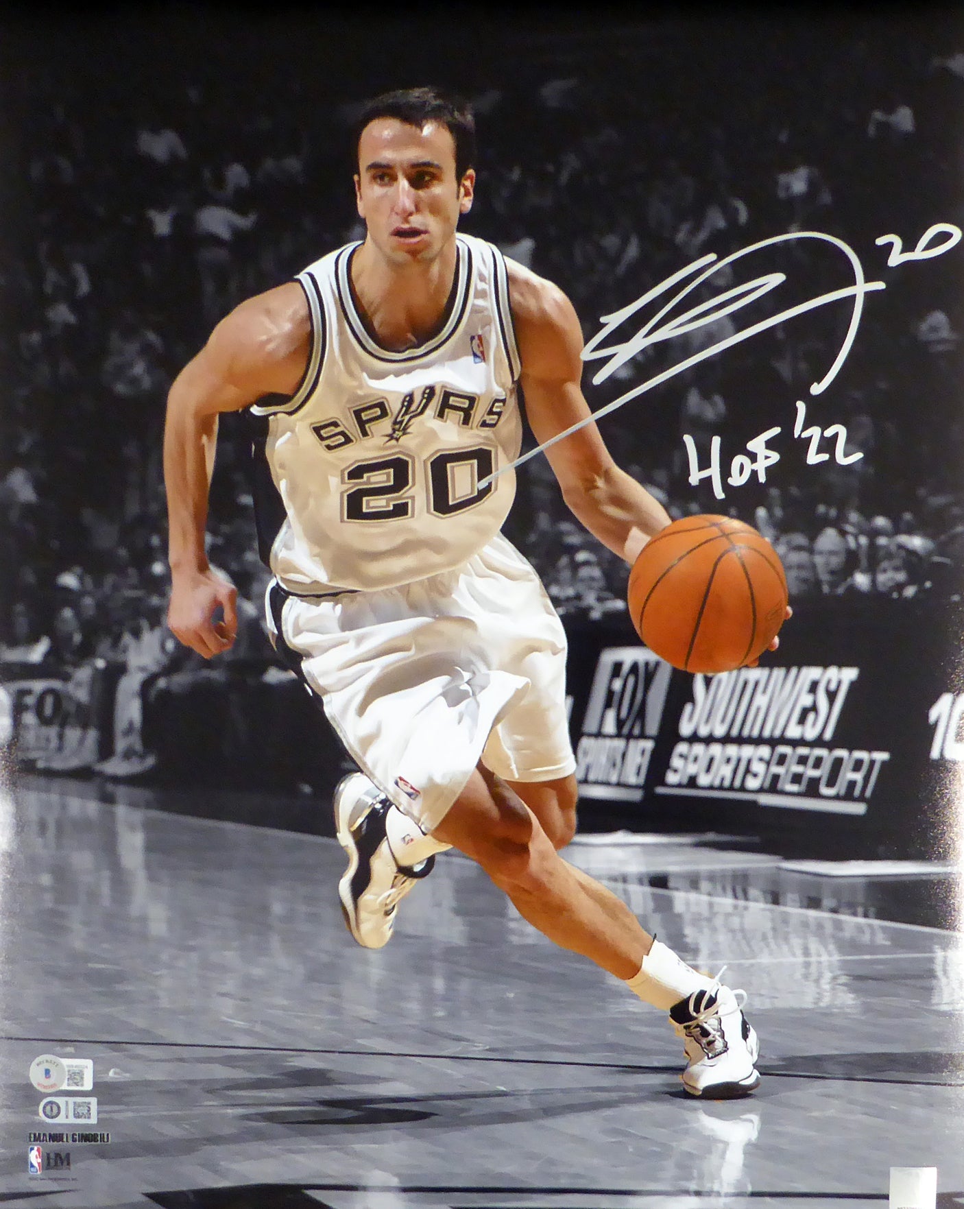 Manu Ginolbili Autographed 16x20 Photo San Antonio Spurs "HOF 22" Beckett BAS QR #WX48324