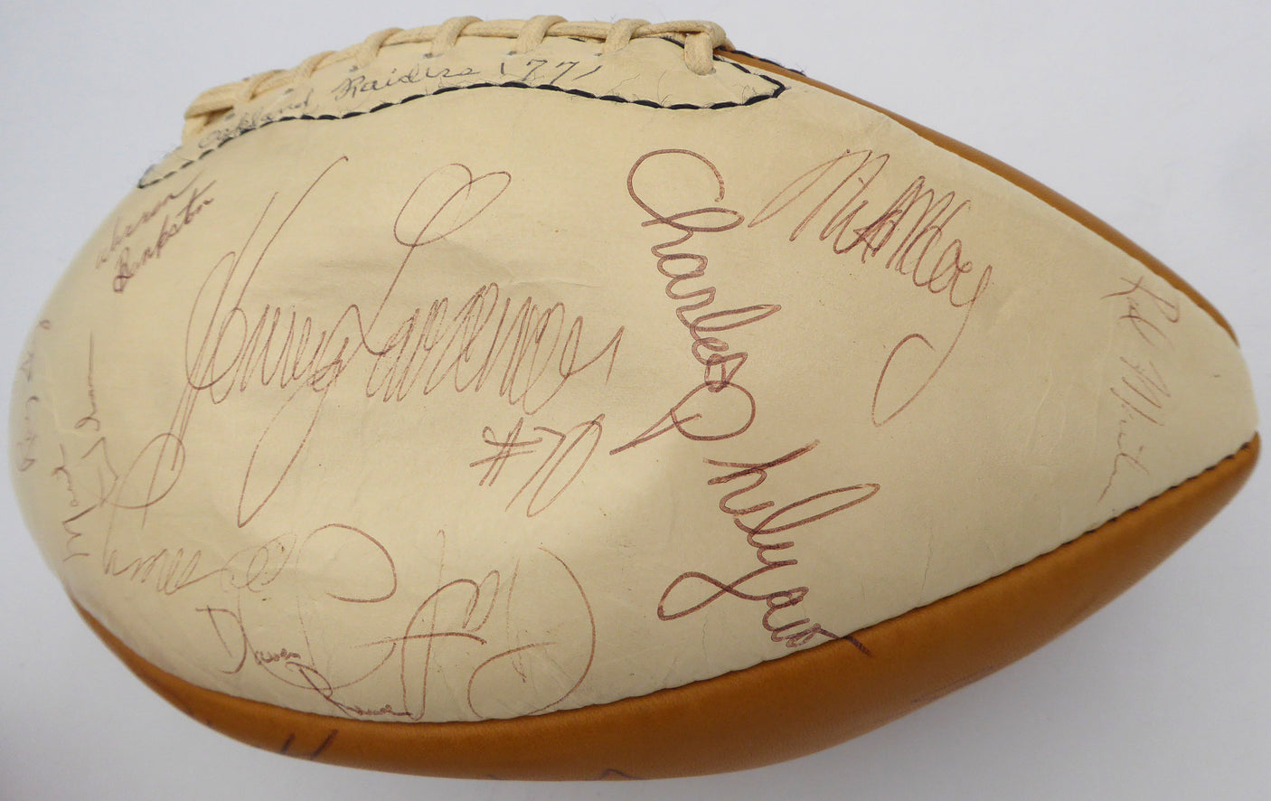 1977 Oakland Raiders Autographed Football With 40 Signatures Including John Madden Beckett BAS QR #AD40716