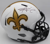 Alvin Kamara Autographed Lunar Eclipse White Full Size Replica Helmet New Orleans Saints (Smudged) Beckett BAS QR #1W403055