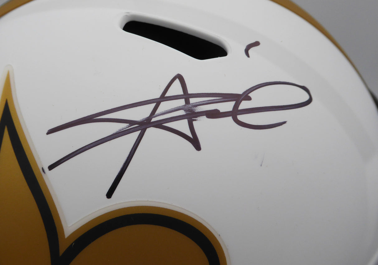 Alvin Kamara Autographed Lunar Eclipse White Full Size Replica Helmet New Orleans Saints (Smudged) Beckett BAS QR #1W403534