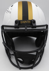 Alvin Kamara Autographed Lunar Eclipse White Full Size Replica Helmet New Orleans Saints (Smudged) Beckett BAS QR #1W403532