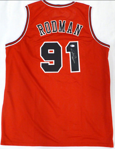 Chicago Bulls Dennis Rodman Autographed Red Jersey (Damaged) Beckett BAS QR #WB23758