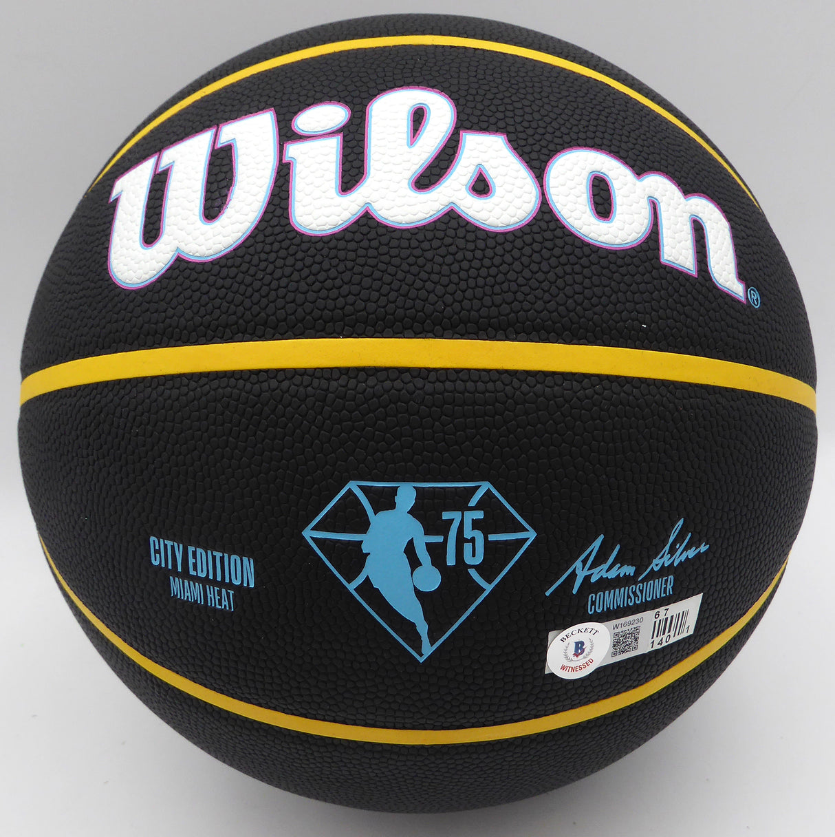 Shaquille Shaq O'Neal Autographed 75th Anniversary City Edition Basketball Miami Heat (Smudged) Beckett BAS Witness QR #W169230