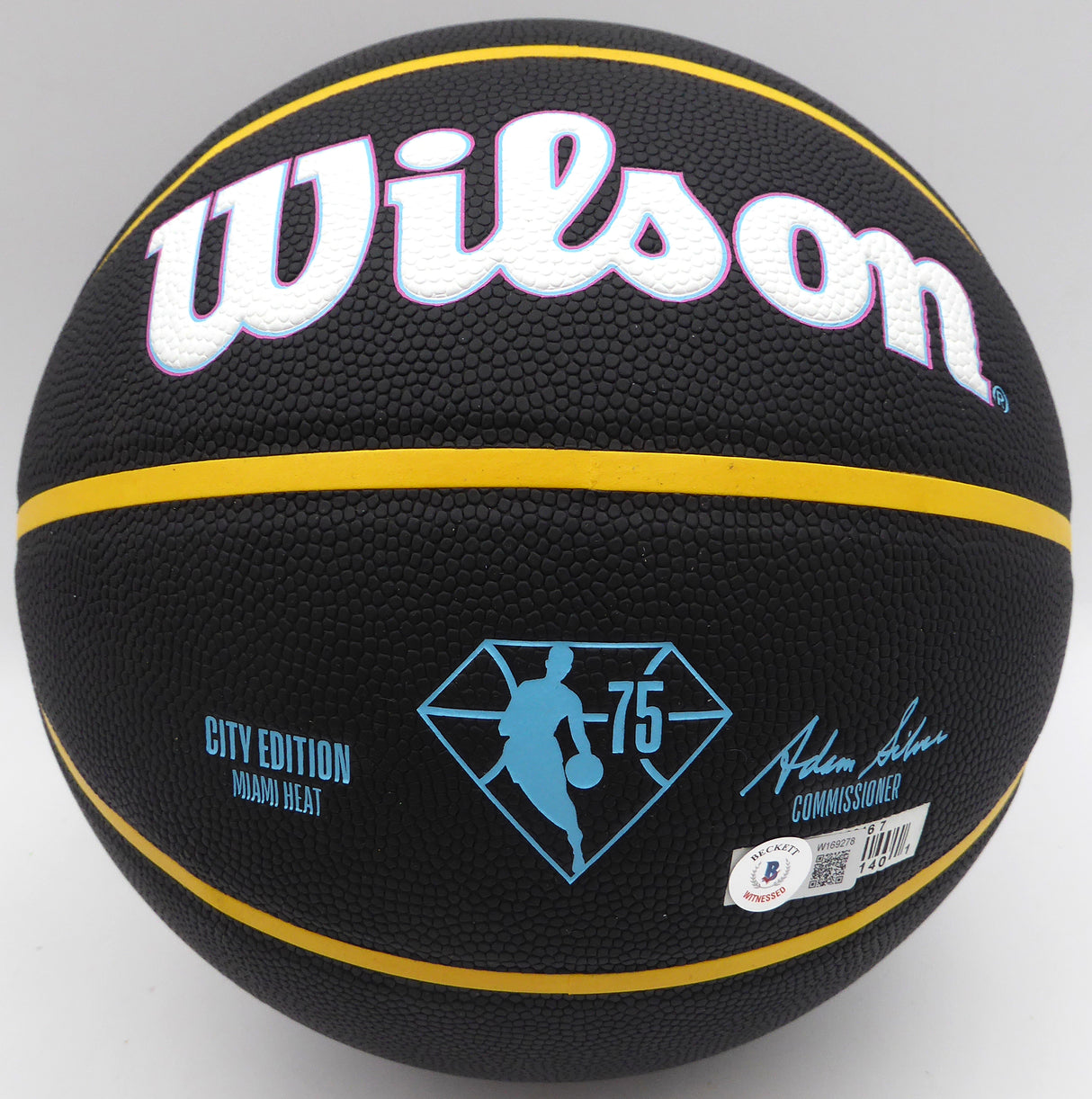 Shaquille Shaq O'Neal Autographed 75th Anniversary City Edition Basketball Miami Heat (Smudged) Beckett BAS Witness QR #W169278