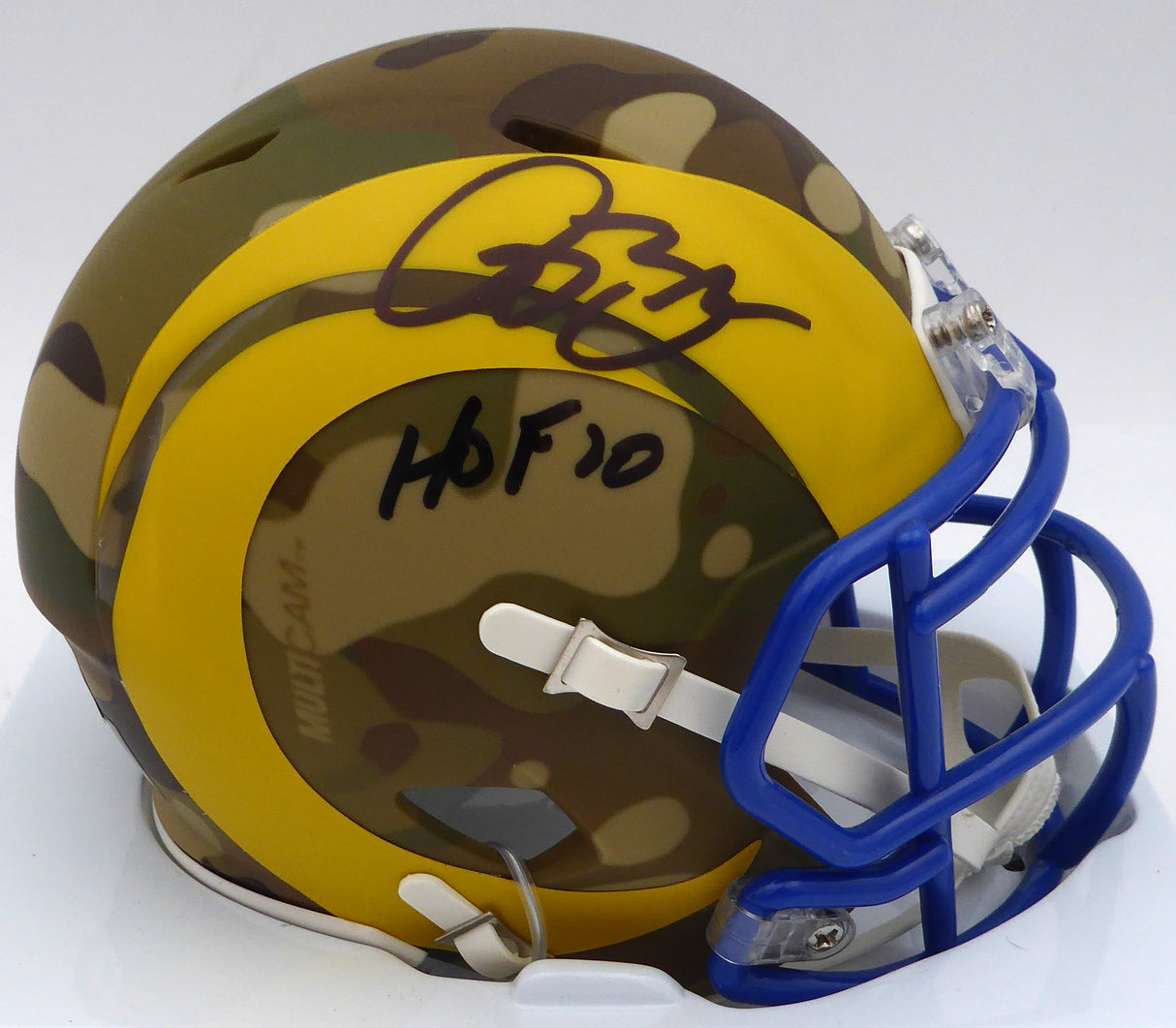 Isaac Bruce Autographed St. Louis Rams Camo Speed Mini Helmet "HOF 20" Beckett BAS QR #1W478440