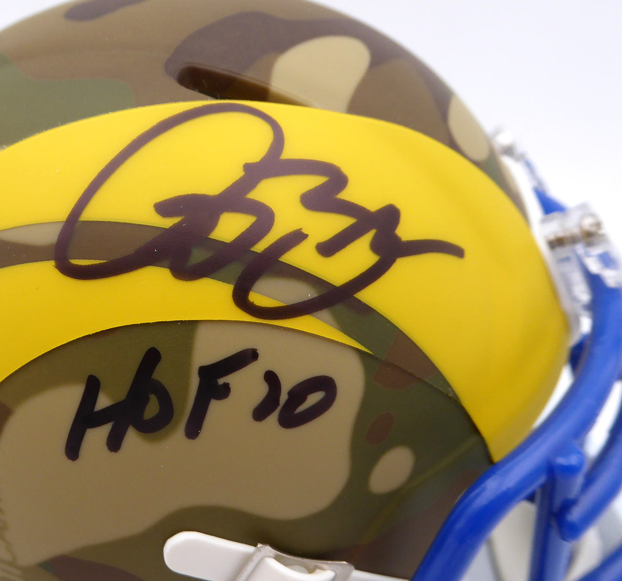 Isaac Bruce Autographed St. Louis Rams Camo Speed Mini Helmet "HOF 20" Beckett BAS QR #1W478440