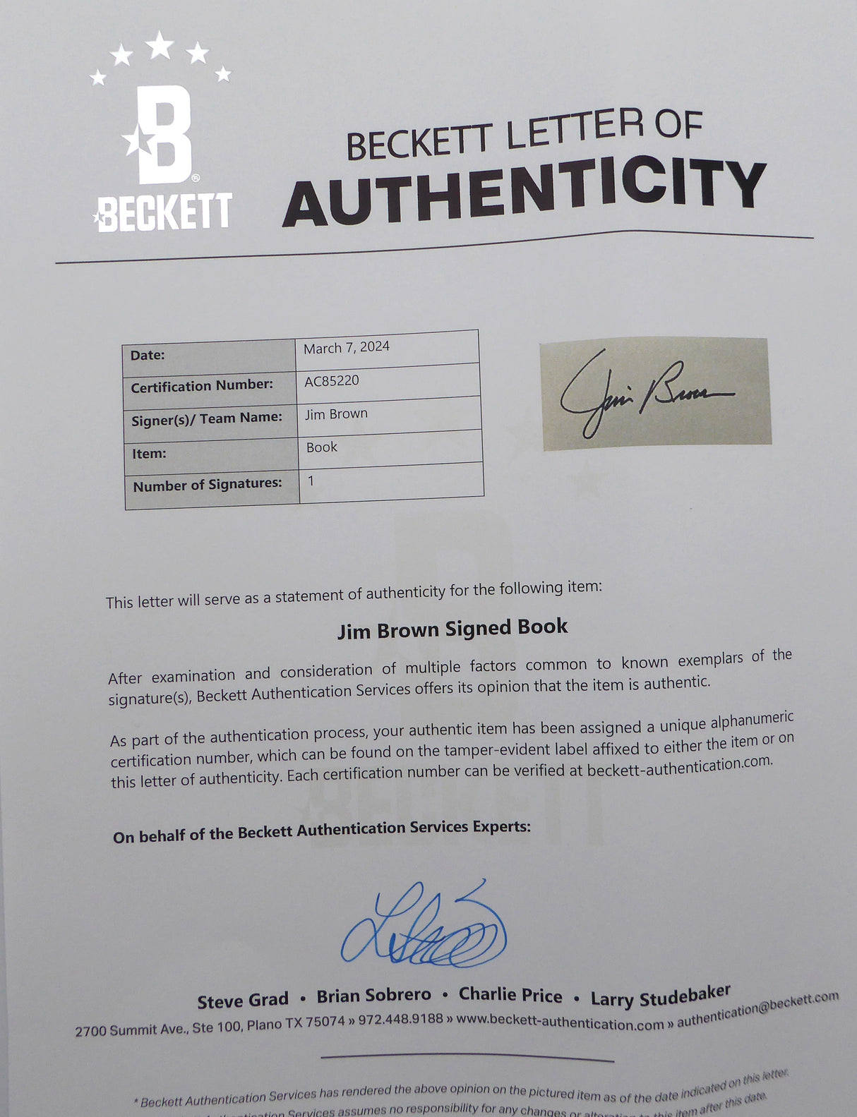 Jim Brown Autographed Book Cleveland Browns Beckett BAS #AC85220
