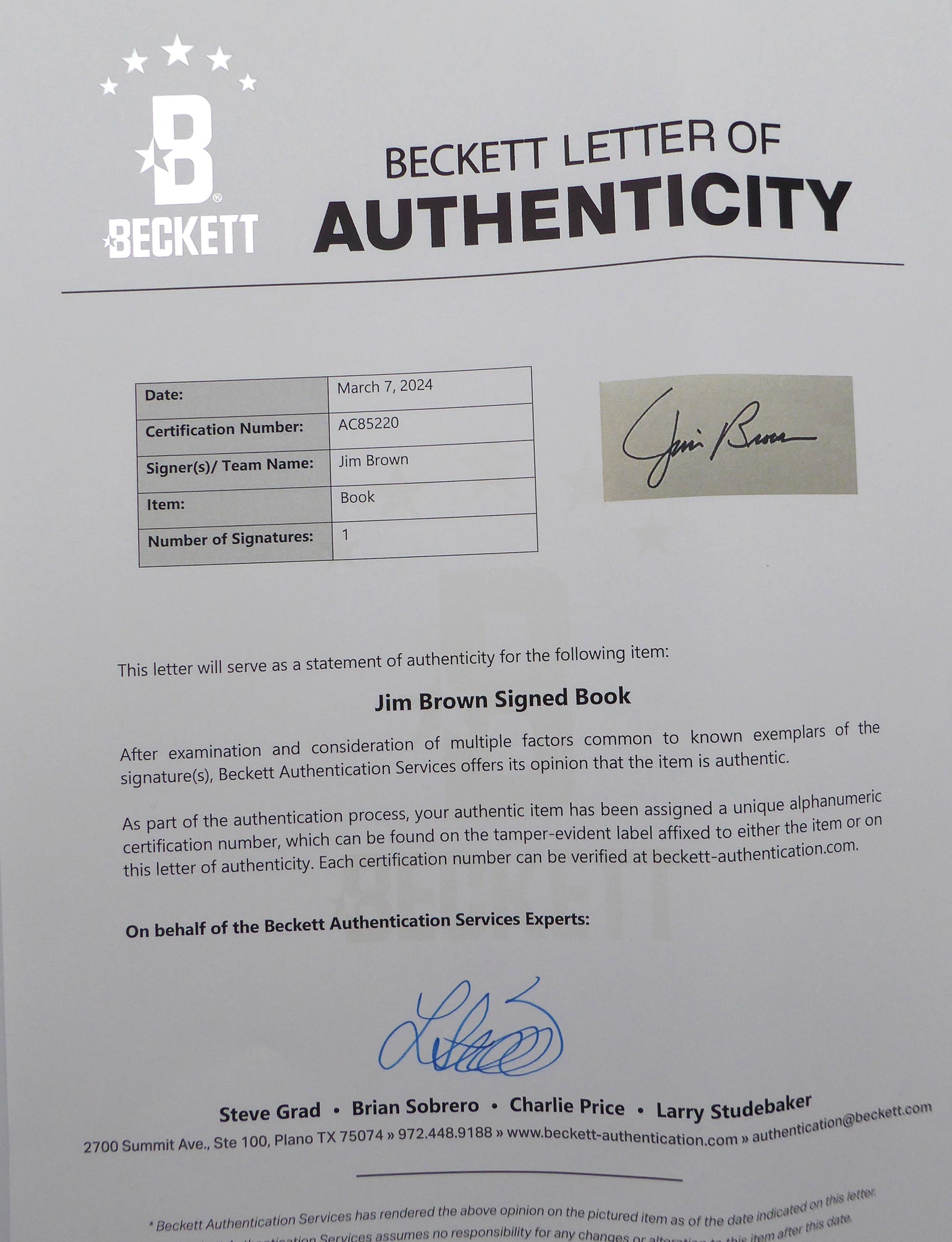 Jim Brown Autographed Book Cleveland Browns Beckett BAS #AC85220