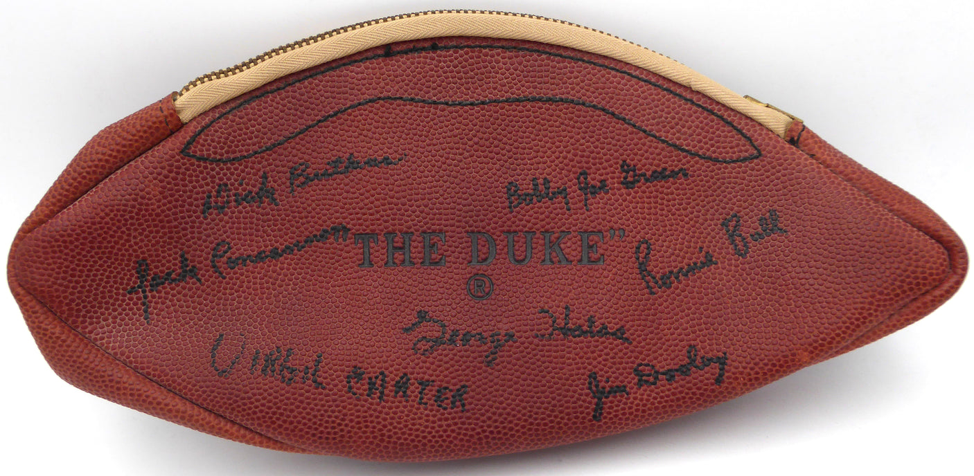 1968/69 Chicago Bears Autographed NFL Leather Wilson Shaving Kit Travel Bag With 7 Signatures Including George Halas & Dick Butkus Beckett BAS #AD43571