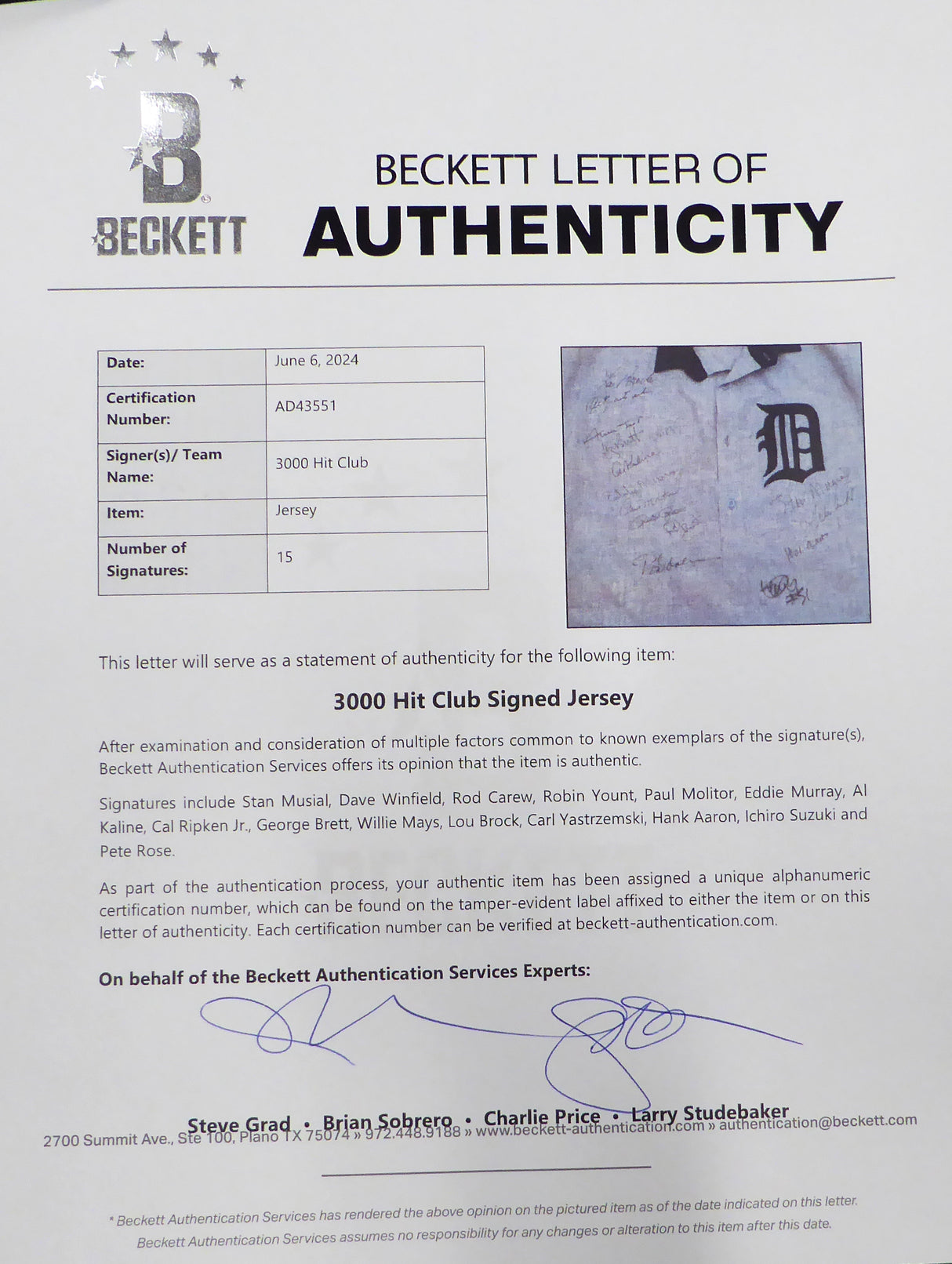 3000 Hit Club Autographed Jersey With 15 Signatures Including Aaron, Mays, Ichiro & Rose Beckett BAS #AD43551
