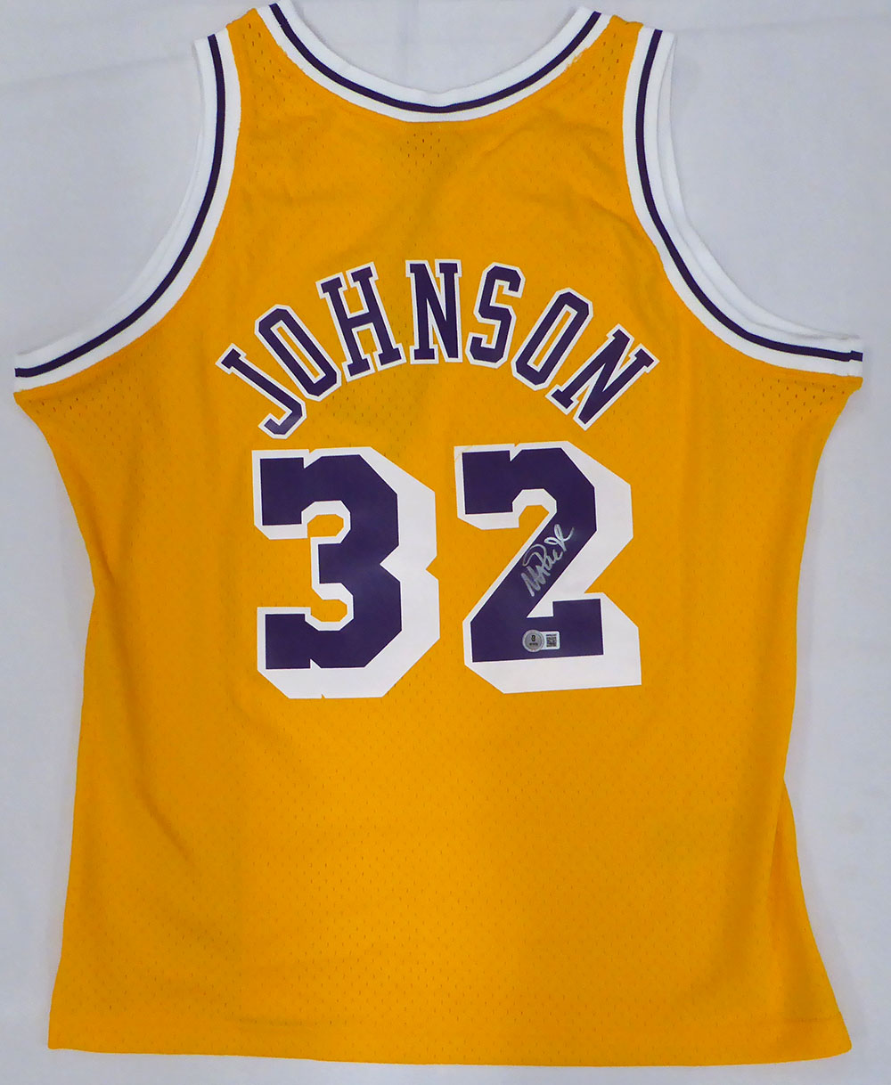 Los Angeles Lakers Magic Johnson Autographed Yellow Mitchell & Ness Jersey Beckett BAS QR #4W062357