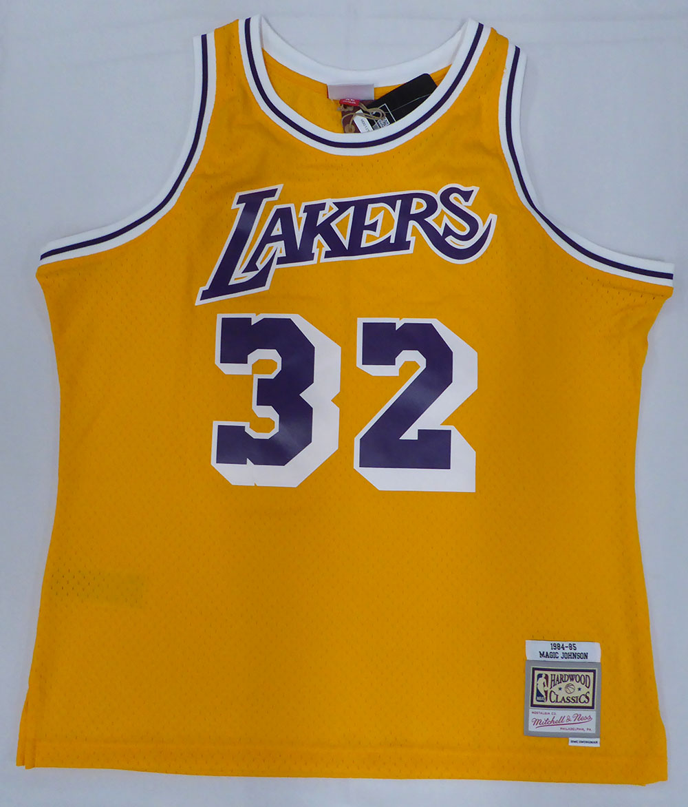 Los Angeles Lakers Magic Johnson Autographed Yellow Mitchell & Ness Jersey Beckett BAS QR #4W062546