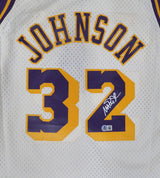 Los Angeles Lakers Magic Johnson Autographed White Mitchell & Ness Jersey (Smudged) Beckett BAS QR #4W062623
