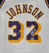 Los Angeles Lakers Magic Johnson Autographed White Mitchell & Ness Jersey (Smudged) Beckett BAS QR #4W062616