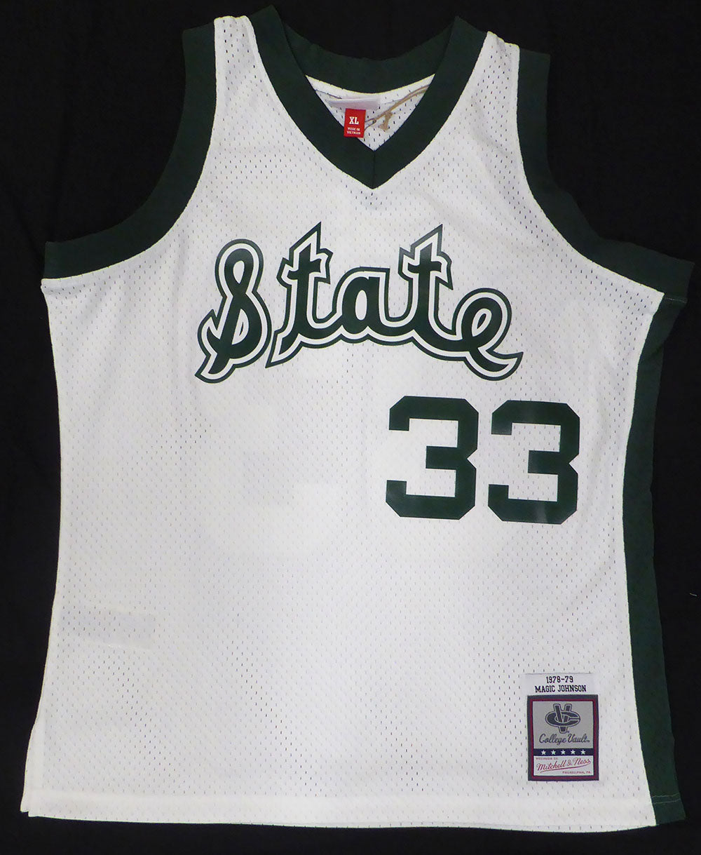 Michigan State Spartans Magic Johnson Autographed White Mitchell & Ness Jersey (Misspelled) Beckett BAS QR #4W062605