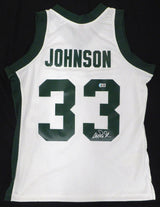 Michigan State Spartans Magic Johnson Autographed White Mitchell & Ness Jersey (Smudged) Beckett BAS QR #4W062587