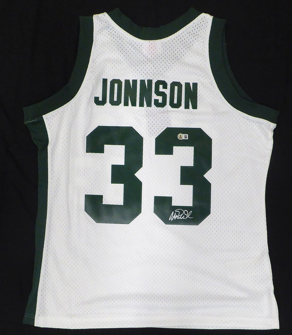 Michigan State Spartans Magic Johnson Autographed White Mitchell & Ness Jersey (Misspelled) Beckett BAS QR #4W062607