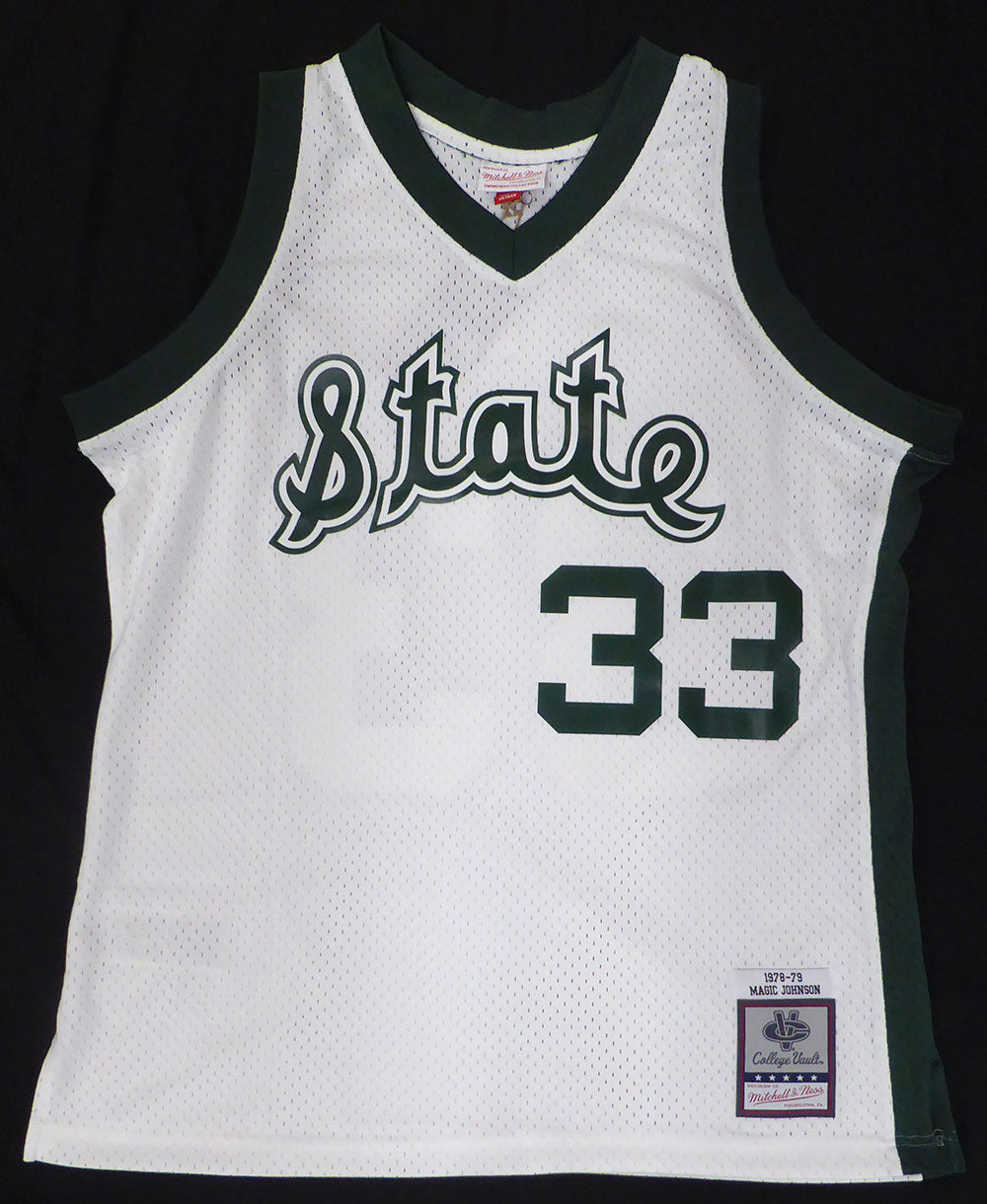 Michigan State Spartans Magic Johnson Autographed White Mitchell & Ness Jersey (Misspelled) Beckett BAS QR #4W062607