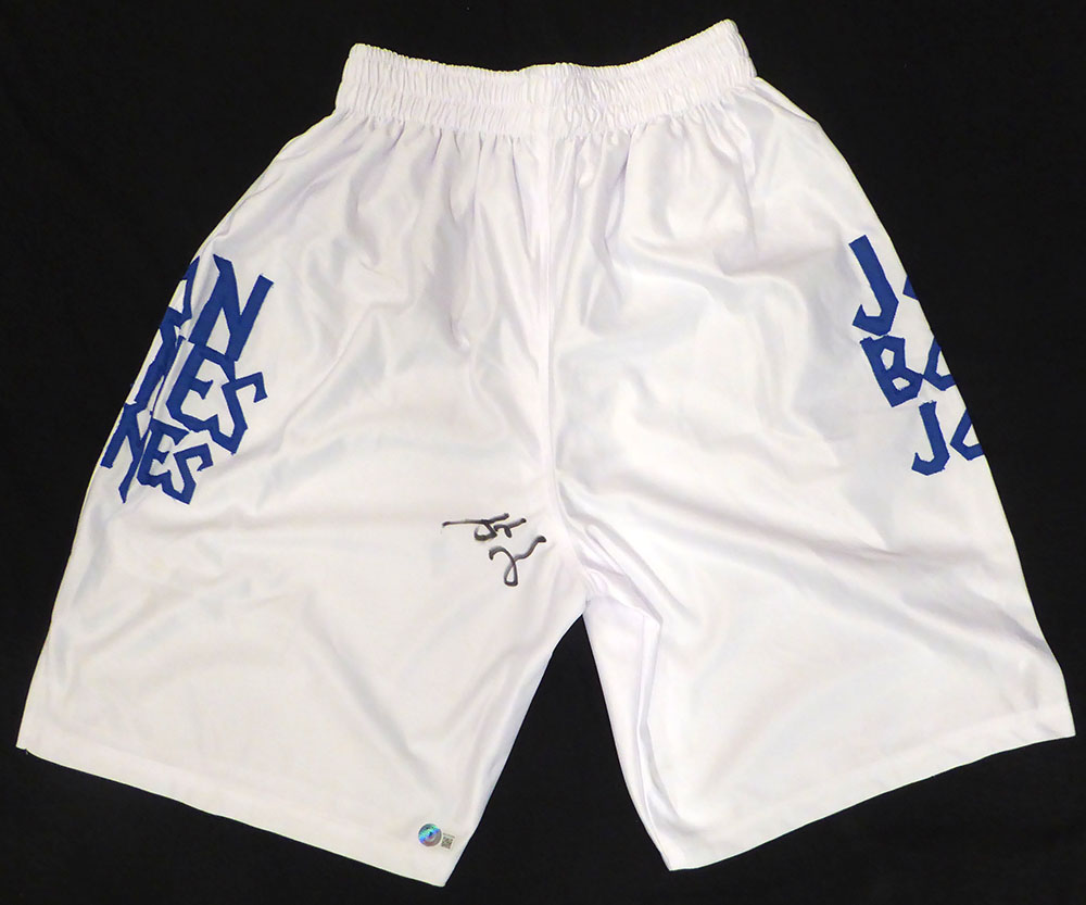 Jon Jones Autographed White Custom MMA Trunks Beckett BAS QR #WJ76399