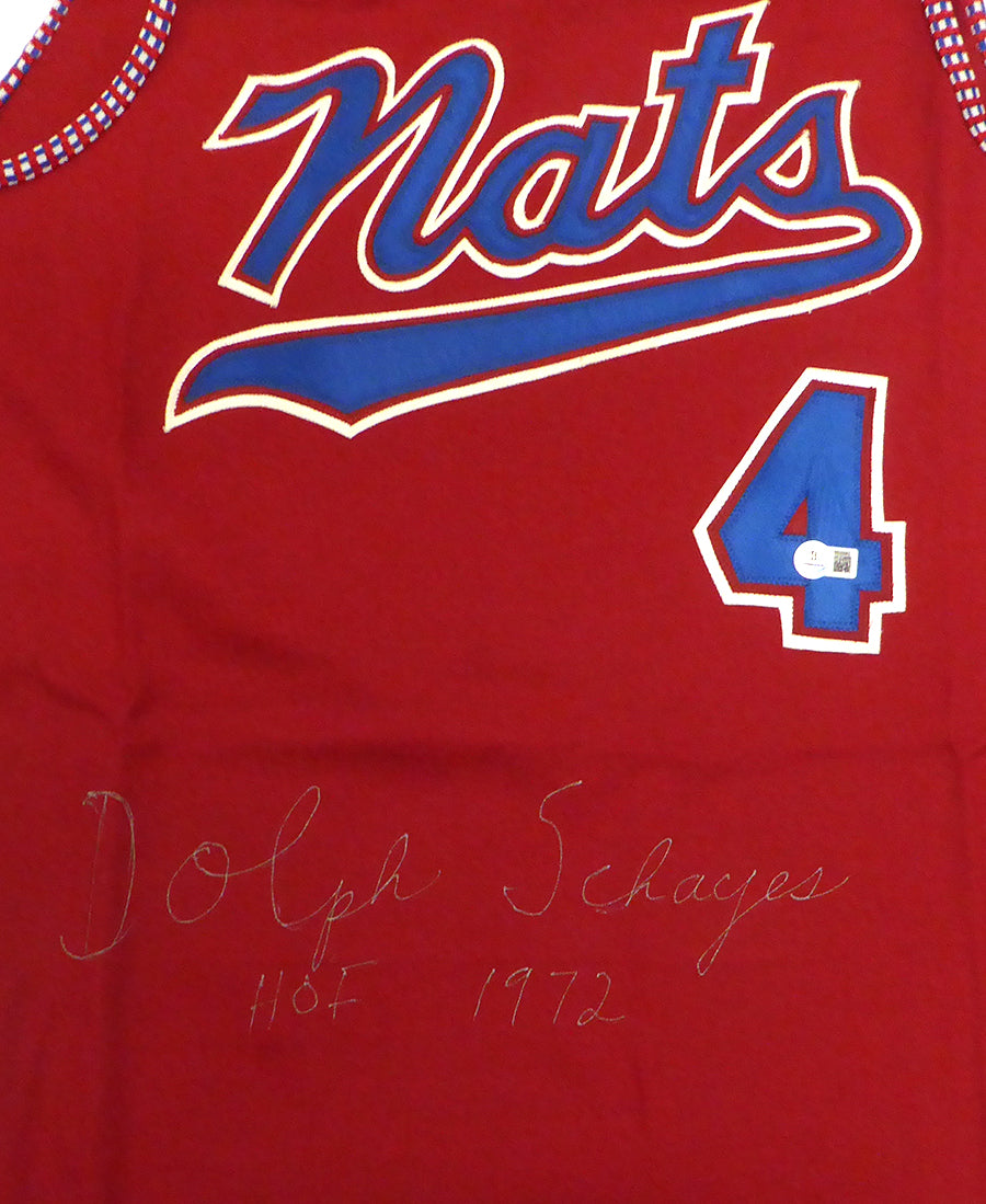 Syracuse Nationals Dolph Schayes Autographed Red Jersey "HOF 1972" Beckett BAS QR #BS30063