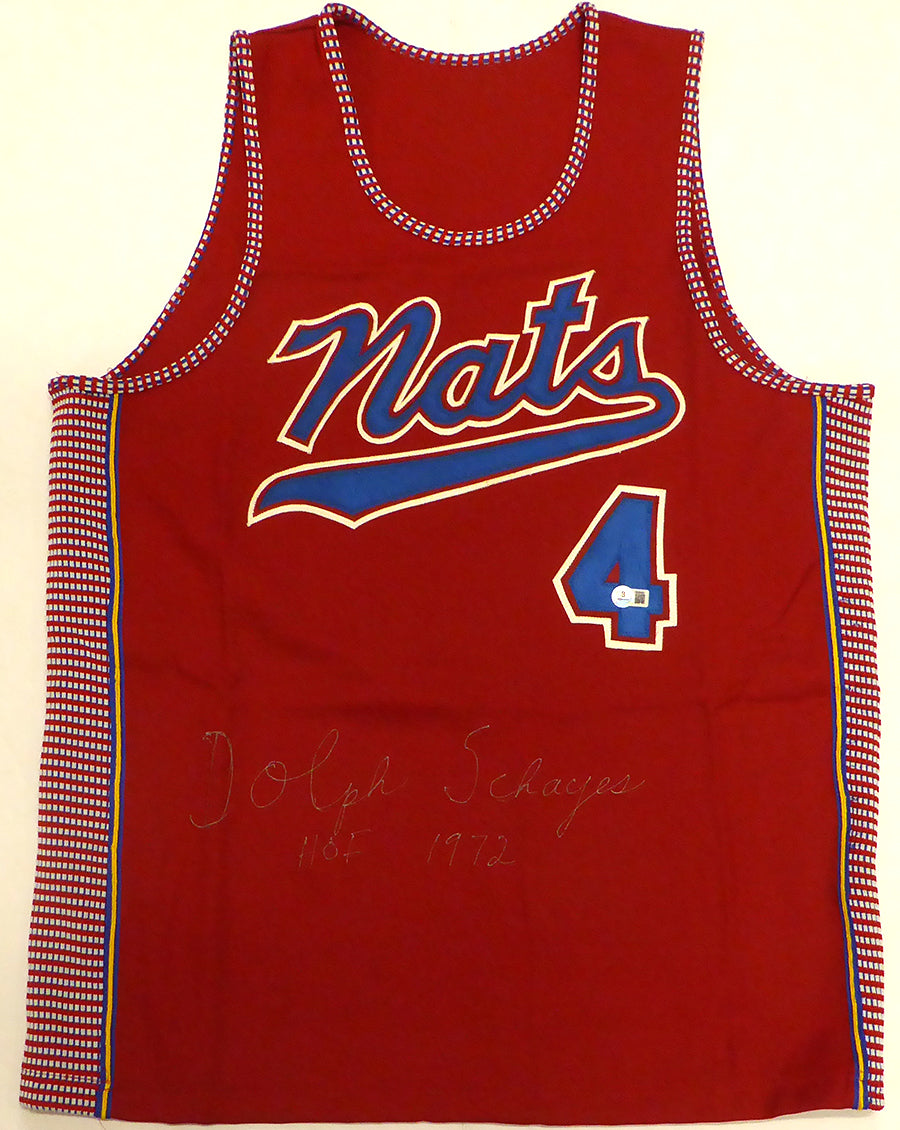 Syracuse Nationals Dolph Schayes Autographed Red Jersey "HOF 1972" Beckett BAS QR #BS30063