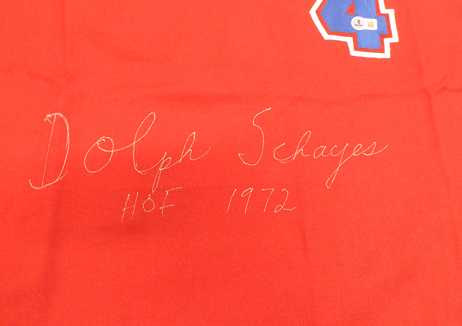 Syracuse Nationals Dolph Schayes Autographed Red Jersey "HOF 1972" Beckett BAS QR #BS30063