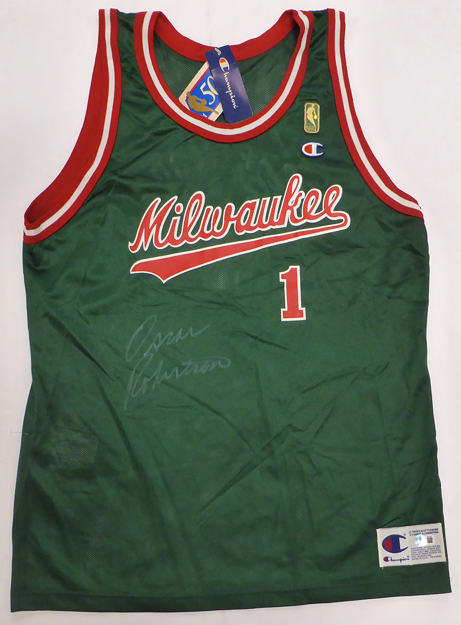 Milwaukee Bucks Oscar Robertson Autographed Green Champion Jersey Beckett BAS QR #BS30057